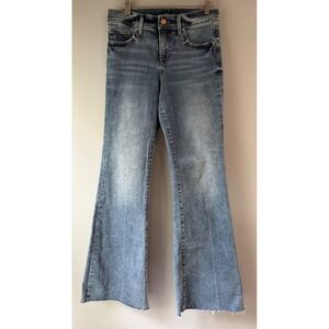 Express 70s Flare Jeans Womens 2R Blue Excellent Mid Rise Raw Hem Stretch Denim